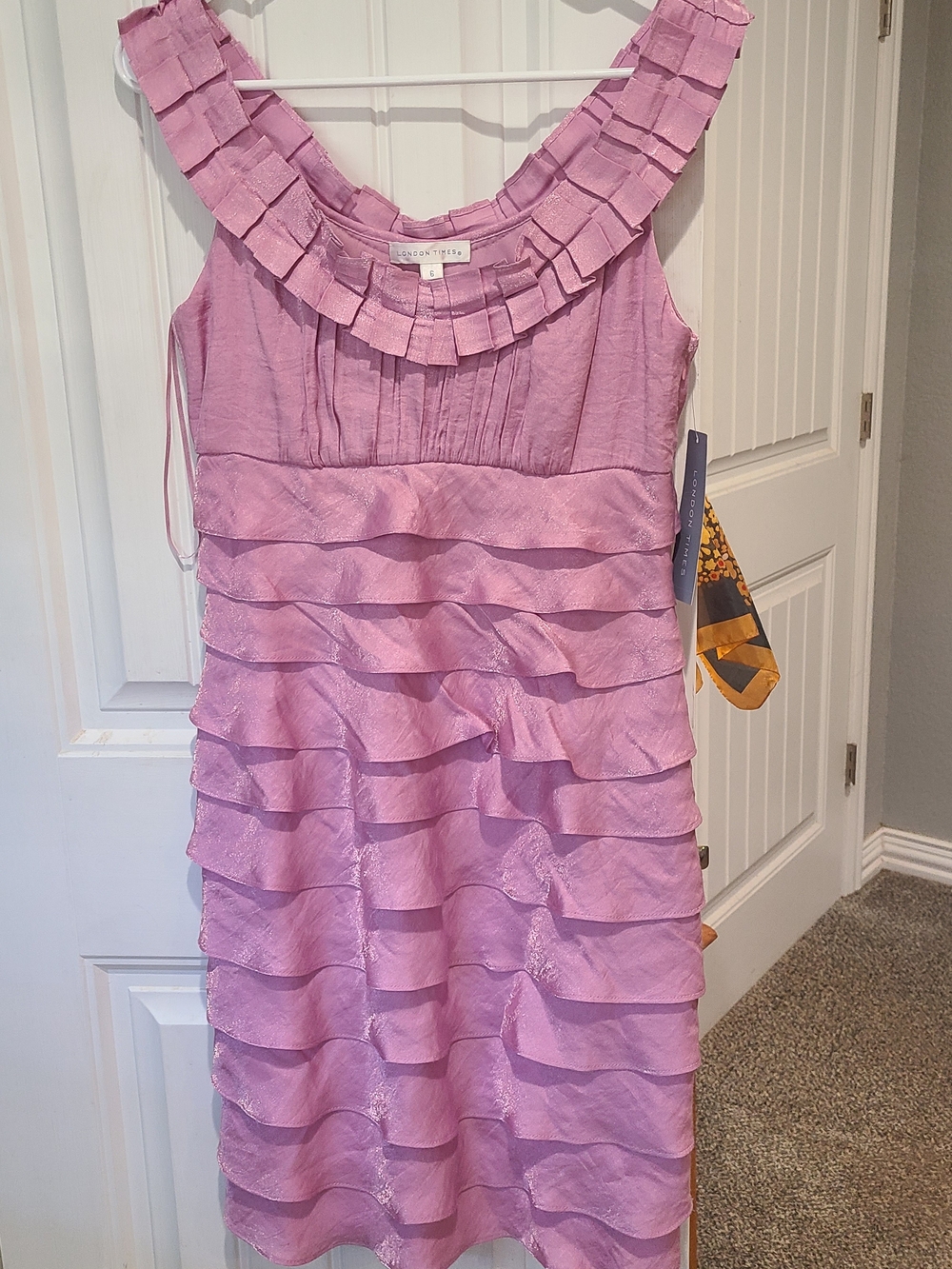 London Times Lavender Pleated Ruffle Neck Dress